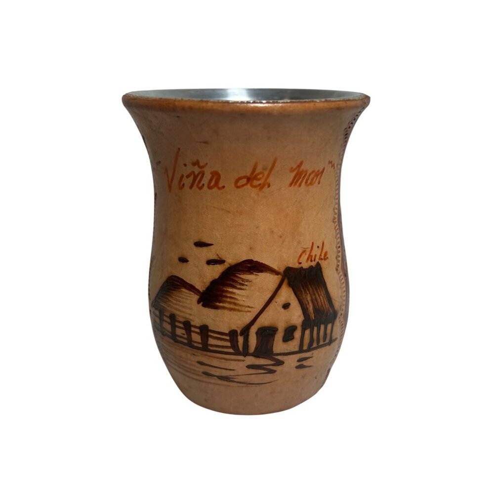Handmade Leather & Metal Mate Cup With Viña Del Mar Chile Art 4.25" Tall Rustic